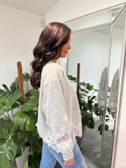 Grey Striped Lace Hem Top Adelaide