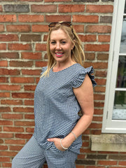 Navy Gingham Frill Sleeve Set Evie
