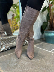 Mocha Faux Suede Pointed Knee High Boots