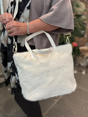 Winter White Fluffy & Faux Leather Tote Bag