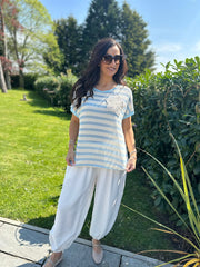 Blue Crochet Floral Striped Top Gemma