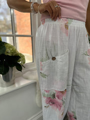 White Brushed Floral Trousers Alexis