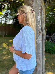 White Striped Textured Linen Top Anais