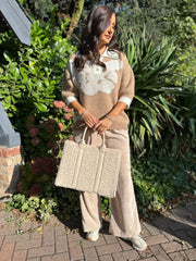 Camel Luxury Collared Floral Knit Eve