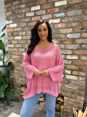 Candy Pink Multi Hole V Neck Knit Sammy