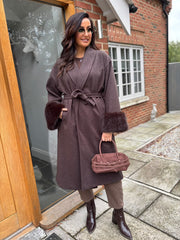 Chocolate Luxury Faux Fur Cuffed Coat Valentina