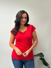 Red Ribbed Lace Detail Top Amelia