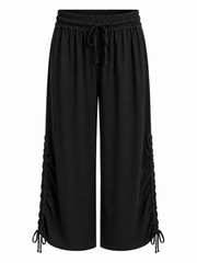 Black Ruched Drawstring Wide Leg Trousers