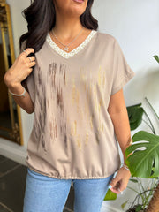 Mocha Metallic Shimmer V Neck Tee Janine