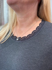 Charcoal Ribbed Lace Trim Top Madeline