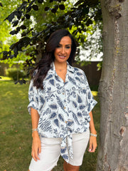 Navy Leaf Print Tie Front Blouse Brielle