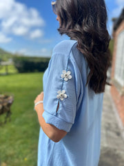 Blue Applique Floral Crepe Top Astra