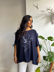 Navy Crepe Floral Cold Shoulder Top Naomi