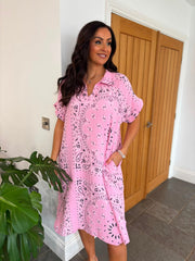 Candy Pink Bubble Cotton Paisley Shirt Dress Jane
