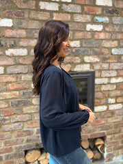 Navy Pleat Detail Chiffon Blouse Molly