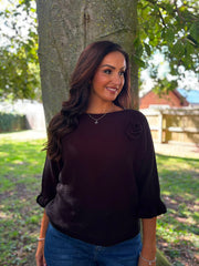 Black Applique Ruffle Sleeve Knit Crystal