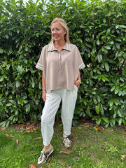 Mocha Stripe Detail Button Top Leona