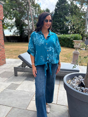 Teal Botanical Tie Front Blouse Brielle