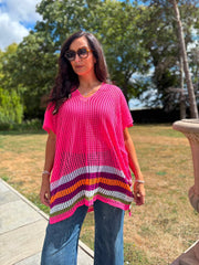 Neon Pink Striped Hem Loose Knit Jenna