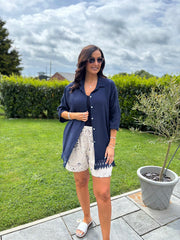 Navy Bubble Cotton Crochet Hem Blouse Jo