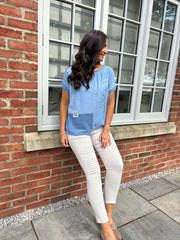 Denim Asymmetric Panel Flower Top Adele