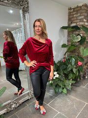 Wine Velour Cowl Neck Sparkle Top Olivia