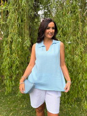 Blue Sleeveless Bubble Cotton Top Jean