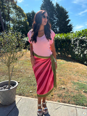 Green Longline Striped Wrap Skirt