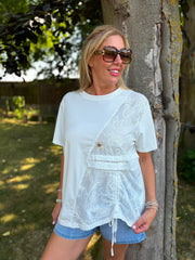 White Drawstring Embroidered Panel Tee Avani