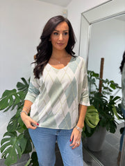 Sage V Neck Argyle Print Top Izzy