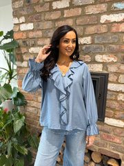 Denim Ruffle Frill Blouse Dionne
