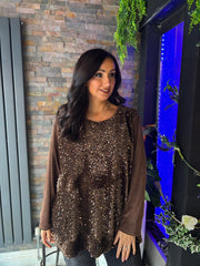 Chocolate Velour Sequin Panel Top Raven