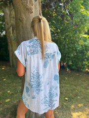 White Blue Coral Print Blouse Stacey