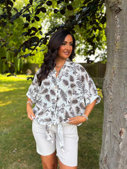 Chocolate Leaf Print Tie Front Blouse Brielle
