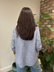 Denim Button Sleeve Gingham Blouse Opal