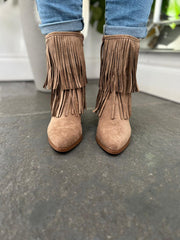 Mocha Fringed Faux Suede Ankle Boots