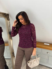 Wine Floral Lace Net Top Isabella