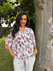 Wine Leaf Print Tie Front Blouse Brielle