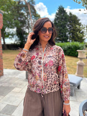 Stone Animal Linen Blend Floral Bomber Jacket