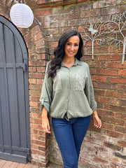 Khaki Sequin Pocket Bubble Cotton Shirt Helen