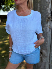White Striped Textured Linen Top Anais