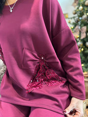 Wine Sequin Bow Sweat Top Emma
