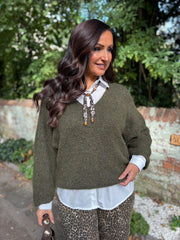 Khaki V Neck Knit Roxanne