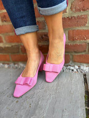 Pink Block Heel Bow Shoes