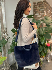 Navy Fluffy & Faux Leather Tote Bag