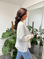 Light Blue Striped Lace Hem Top Adelaide
