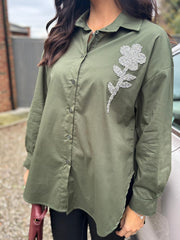 Khaki Diamante Flower Shirt Kristie