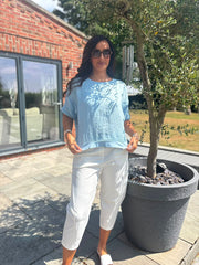 Blue Striped Textured Linen Top Anais