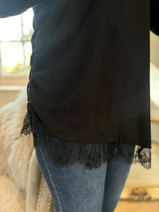 Black Ruched Lace Trim Top Janet