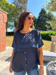 Navy Linen Button Top Taylor
